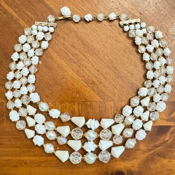 Vintage West Germany Multifaceted Four Strand Lucite Beads Faux Pearl Necklace - Picture 12 of 16